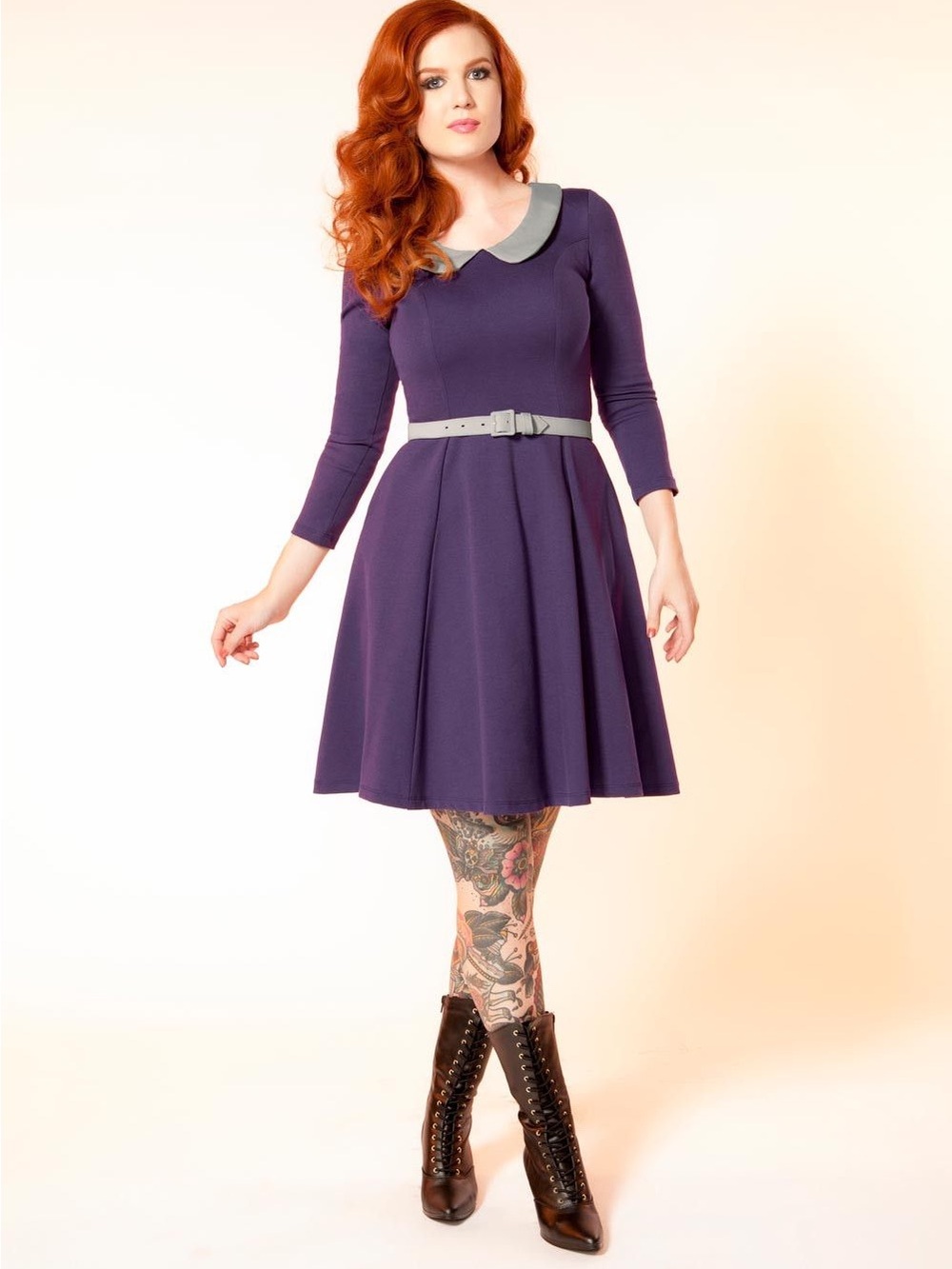 Pinup Couture Madison long sleeve Purple Dress with Grey Collar
